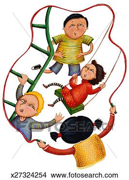 Stock Illustration - children playing; 
girl with jump-rope 
encircling boy 
on ladder,  girl. 
fotosearch - search 
clipart, illustration, 
drawings and vector 
eps graphics images