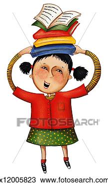 Drawing - girl balancing 
schoolbooks on 
head. fotosearch 
- search clipart, 
illustration, 
drawings and vector 
eps graphics images