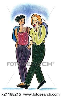 Stock Illustration - young women walking 
while talks on 
cell phone. fotosearch 
- search clipart, 
illustration, 
drawings and vector 
eps graphics images