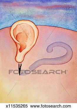 Stock Illustration - man holding giant 
ear above head, 
casting question 
mark shadow. fotosearch 
- search clipart, 
illustration, 
drawings and vector 
eps graphics images