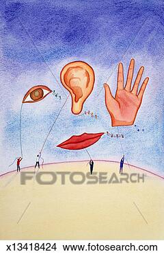 Stock Illustration - people flying 
kites in shape 
of eye, ear, hand 
and mouth. fotosearch 
- search clipart, 
illustration, 
drawings and vector 
eps graphics images