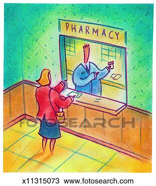 Drawing - woman at pharmacy. 
fotosearch - search 
clipart, illustration, 
drawings and vector 
eps graphics images