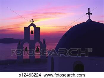 Stock Photo - church and bell 
tower at sunset, 
santorini, cyclades, 
greece. fotosearch 
- search stock 
photos, pictures, 
images, and photo 
clipart