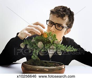 Stock Photo - young man tending 
bonsai tree with 
coins 'growing' 
on branches. fotosearch 
- search stock 
photos, pictures, 
images, and photo 
clipart