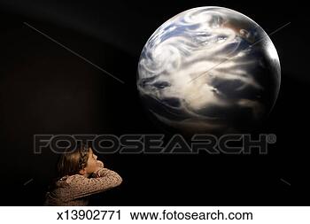 Stock Photography - girl (9-11) looking 
at model of earth. 
fotosearch - search 
stock photos, 
pictures, images, 
and photo clipart