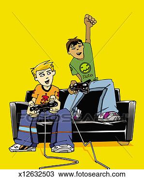 Drawing - boy holding a 
games controller 
next to another 
boy celebrating 
with. fotosearch 
- search clipart, 
illustration, 
drawings and vector 
eps graphics images