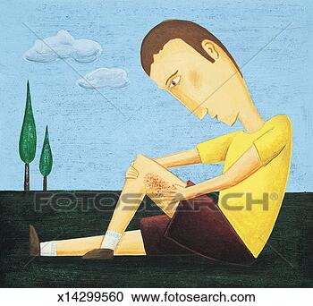 Stock Illustration - boy sitting in 
the park touching 
his grazed leg. 
fotosearch - search 
clipart, illustration, 
drawings and vector 
eps graphics images
