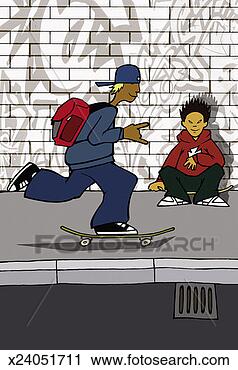 Clipart - boy skateboarding 
on the pavement 
with another boy 
sitting on a. 
fotosearch - search 
clipart, illustration, 
drawings and vector 
eps graphics images