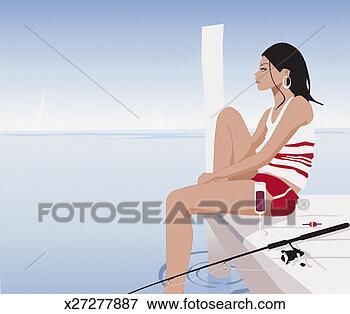 Stock Illustration - contemplative 
young woman sitting 
at a pier with 
a fishing rod 
and a. fotosearch 
- search clipart, 
illustration, 
drawings and vector 
eps graphics images