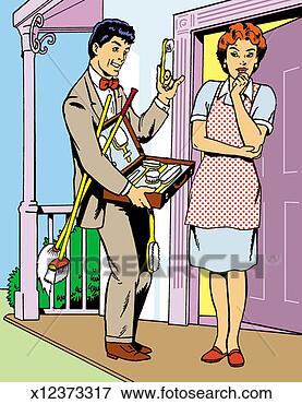 Stock Illustration - door to door salesman 
trying to sell 
cleaning equipment 
to a. fotosearch 
- search clipart, 
illustration, 
drawings and vector 
eps graphics images
