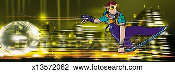 Clip Art - male late teenager 
flying across 
a futuristic city 
on a skateboard 
at. fotosearch 
- search clipart, 
illustration, 
drawings and vector 
eps graphics images