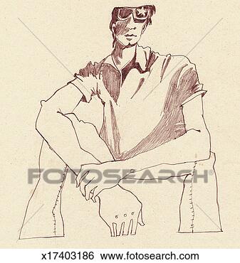 Stock Illustration - portrait of a 
young man sitting 
with his legs 
apart and wearing 
star. fotosearch 
- search clipart, 
illustration, 
drawings and vector 
eps graphics images