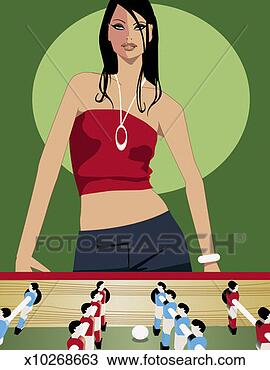 Drawing - portrait of a 
young woman standing 
behind table football. 
fotosearch - search 
clipart, illustration, 
drawings and vector 
eps graphics images