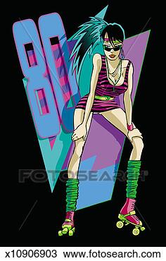 Drawing - portrait of a 
young woman in 
roller skates 
wearing 1980s 
fashions. fotosearch 
- search clipart, 
illustration, 
drawings and vector 
eps graphics images