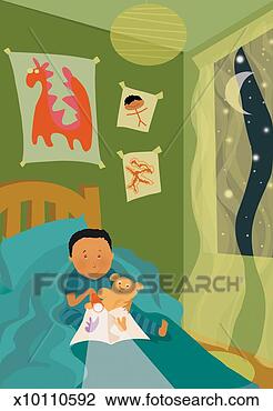 Clip Art - young boy reading 
on a bed with 
his teddy bear 
at night. fotosearch 
- search clipart, 
illustration, 
drawings and vector 
eps graphics images