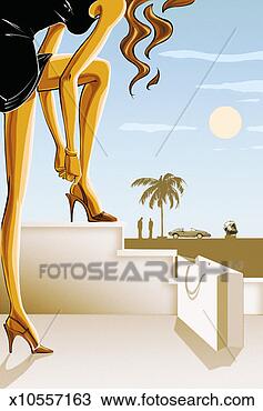 Drawing - young stylish 
woman lifting 
her leg on to 
a step and fastening 
her. fotosearch 
- search clipart, 
illustration, 
drawings and vector 
eps graphics images