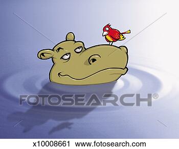 Clipart - hippopotamus in 
water looking 
at a bird perching 
on its nose. fotosearch 
- search clipart, 
illustration, 
drawings and vector 
eps graphics images