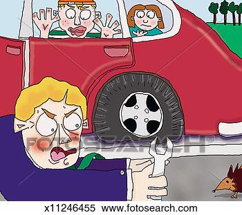 Stock Illustration - man holding a 
spanner by a car 
with a punctured 
tyre as his children. 
fotosearch - search 
clipart, illustration, 
drawings and vector 
eps graphics images