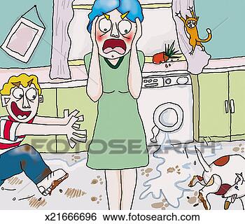 Stock Illustration - mother standing 
with her hands 
on her head as 
her son destroys 
the. fotosearch 
- search clipart, 
illustration, 
drawings and vector 
eps graphics images