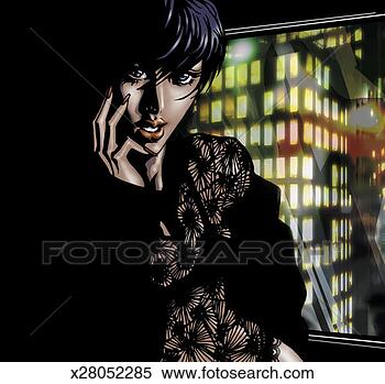 Stock Illustration - portrait of a 
shy young woman 
in a dark city 
interior. fotosearch 
- search clipart, 
illustration, 
drawings and vector 
eps graphics images