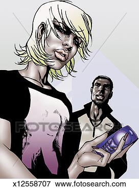 Stock Illustration - portrait of young 
woman holding 
a mobile phone 
and a young man. 
fotosearch - search 
clipart, illustration, 
drawings and vector 
eps graphics images