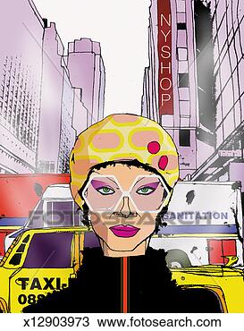 Drawing - portrait of a 
young woman in 
front of a city 
road full of traffic. 
fotosearch - search 
clipart, illustration, 
drawings and vector 
eps graphics images