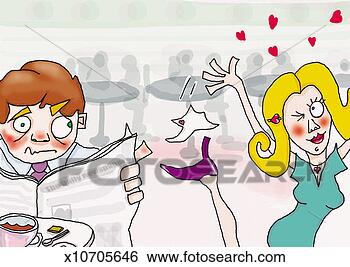 Stock Illustration - woman flirting 
with an embarrassed 
man in a restaurant. 
fotosearch - search 
clipart, illustration, 
drawings and vector 
eps graphics images