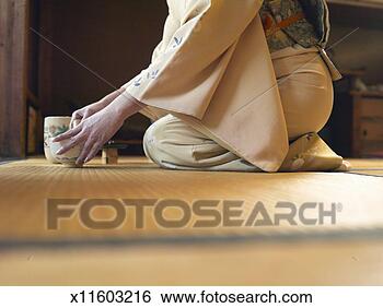 Stock Photo - woman kneeling 
on floor, preparing 
tea, side view. 
fotosearch - search 
stock photos, 
pictures, images, 
and photo clipart