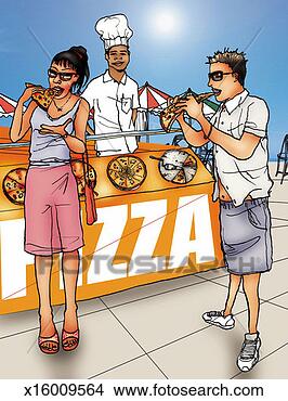 Stock Illustration - couple eating 
pizza from a fast 
food stall during 
summer. fotosearch 
- search clipart, 
illustration, 
drawings and vector 
eps graphics images
