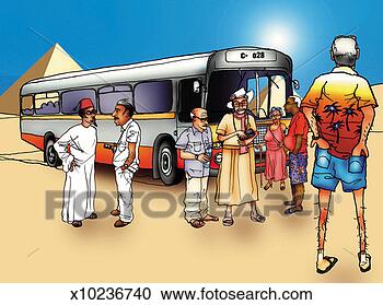 Stock Illustration - group of tourists 
standing around 
a coach by the 
pyramids in egypt. 
fotosearch - search 
clipart, illustration, 
drawings and vector 
eps graphics images
