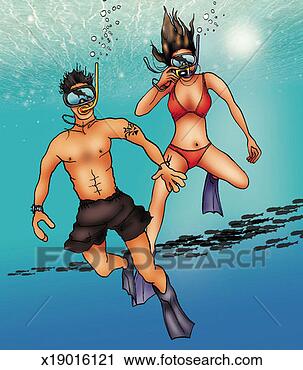 Clipart - portrait of a 
couple snorkelling 
underwater in 
front of a large 
shoal. fotosearch 
- search clipart, 
illustration, 
drawings and vector 
eps graphics images
