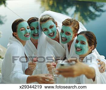 Stock Photograph - five women in 
cosmetic face 
masks, one woman 
wearing bridal 
veil. fotosearch 
- search stock 
photos, pictures, 
images, and photo 
clipart