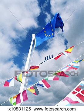 Stock Image - european flag 
above smaller 
individual flags, 
low angle view. 
fotosearch - search 
stock photos, 
pictures, images, 
and photo clipart