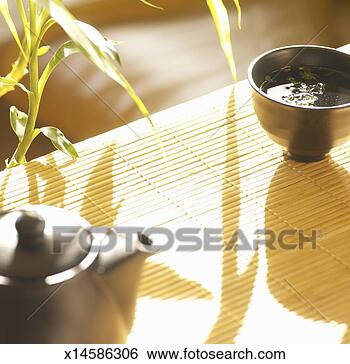 Stock Photo - tea cup and tea 
pot on table (focus 
on cup). fotosearch 
- search stock 
photos, pictures, 
images, and photo 
clipart