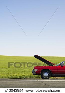 Stock Photo - car with hood up on side of road. fotosearch - search stock photos, pictures, images, and photo clipart