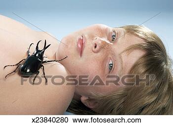 Stock Photography - shirtless boy 
(10-11) lying 
down with large 
beetle crawling 
on chest. fotosearch 
- search stock 
photos, pictures, 
images, and photo 
clipart