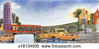 Stock Illustration - cars,  trucks 
and buses on road 
between residential 
neighborhood and. 
fotosearch - search 
clipart, illustration, 
drawings and vector 
eps graphics images