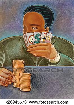 Drawing - man with one hand 
on stack of poker 
chips,  other 
holding cards 
with. fotosearch 
- search clipart, 
illustration, 
drawings and vector 
eps graphics images