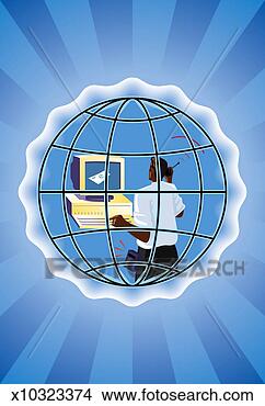 Stock Illustration - globe containing 
man using computer, 
 talking on cellular 
phone. fotosearch 
- search clipart, 
illustration, 
drawings and vector 
eps graphics images