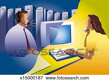 Stock Illustration - woman using computer 
talking to man 
in technical support; 
row of. fotosearch 
- search clipart, 
illustration, 
drawings and vector 
eps graphics images