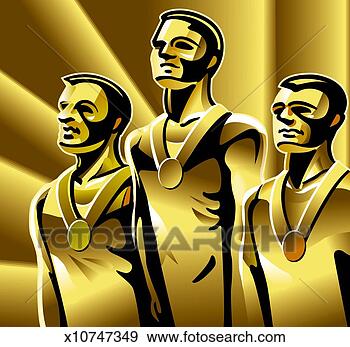 Stock Illustration - three athletes 
on podium with 
medals around 
their necks, smiling. 
fotosearch - search 
clipart, illustration, 
drawings and vector 
eps graphics images
