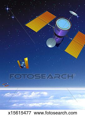 Stock Illustration - three satellites 
flying over clouds, 
with outerspace 
overhead. fotosearch 
- search clipart, 
illustration, 
drawings and vector 
eps graphics images