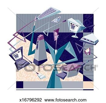 Clip Art - woman surrounded 
by floating computer 
devices. fotosearch 
- search clipart, 
illustration, 
drawings and vector 
eps graphics images