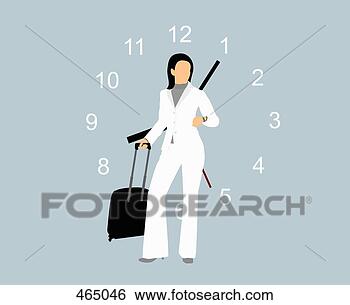 Clip Art - a businesswoman 
standing with 
a suitcase in 
front of a clock. 
fotosearch - search 
clipart, illustration, 
drawings and vector 
eps graphics images