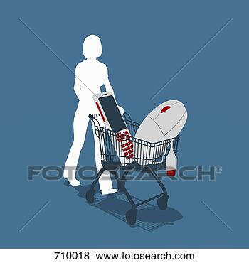 Stock Illustration - a woman pushing 
a shopping trolley 
with electronic 
equipment. fotosearch 
- search clipart, 
illustration, 
drawings and vector 
eps graphics images