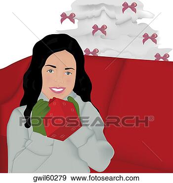 Stock Illustration - portrait of a 
girl sitting on 
a couch holding 
a christmas present. 
fotosearch - search 
clipart, illustration, 
drawings and vector 
eps graphics images