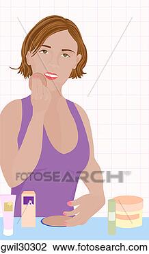 Clip Art - portrait of a 
woman putting 
face powder on 
her face. fotosearch 
- search clipart, 
illustration, 
drawings and vector 
eps graphics images