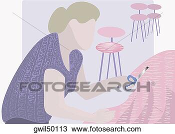 Drawing - side profile of 
a woman cutting 
clothes with a 
scissor. fotosearch 
- search clipart, 
illustration, 
drawings and vector 
eps graphics images