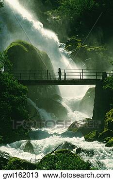 Stock Photo - person crossing 
a waterfall on 
a footbridge, 
olden, norway. 
fotosearch - search 
stock photos, 
pictures, images, 
and photo clipart