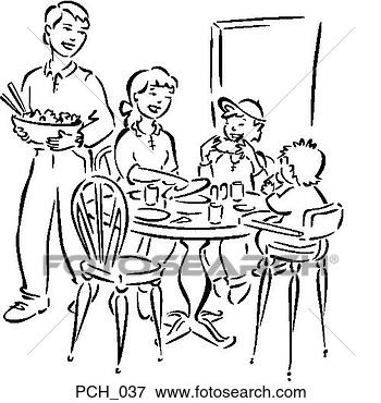 Clip Art - mother,  boy and 
infant sitting 
at dinner table; 
father standing 
with. fotosearch 
- search clipart, 
illustration, 
drawings and vector 
eps graphics images